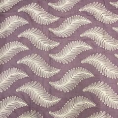 Dark Lilac White Leaves Chanderi Mul Embroidered Fabric