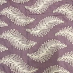 Dark Lilac White Leaves Chanderi Mul Embroidered Fabric