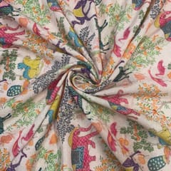 Baby Pink Animal Cotton Linen Printed Fabric