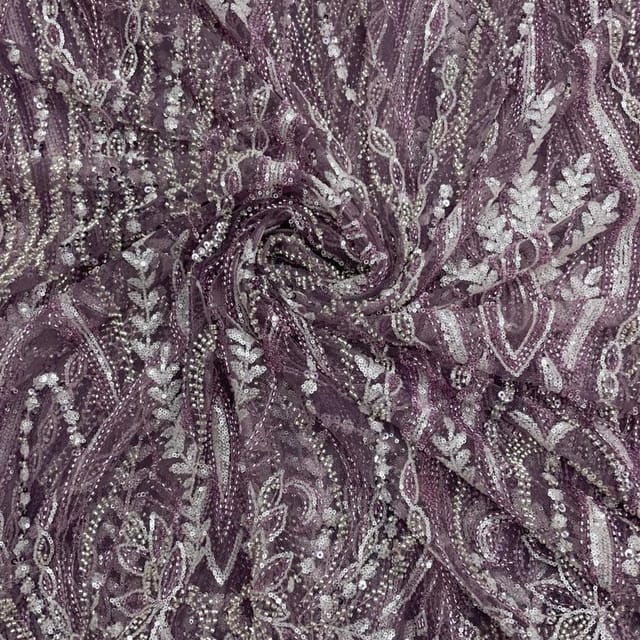 Lilac Colour Floral Cut Dana Embroidered Net Fabric