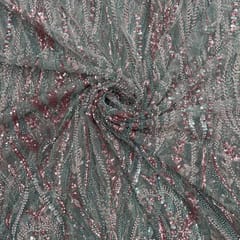 Sea Green Colour Floral Cut Dana Embroidered Net Fabric
