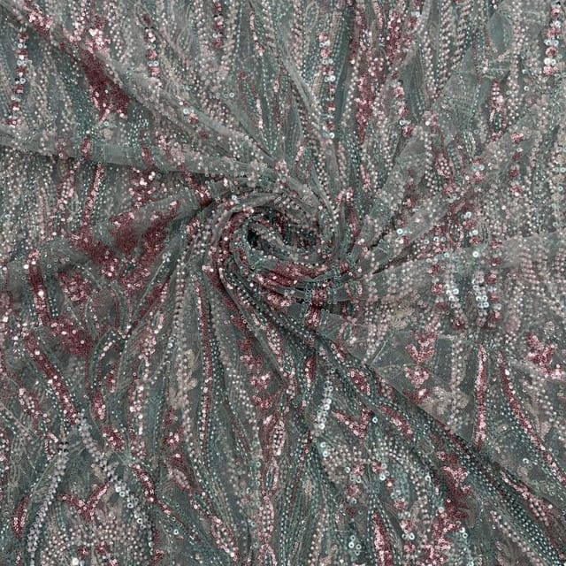 Sea Green Colour Floral Cut Dana Embroidered Net Fabric