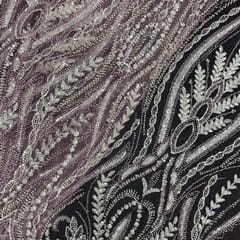 Lilac Colour Floral Cut Dana Embroidered Net Fabric
