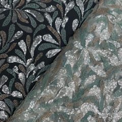 Sea Green Colour Abstract Cut Dana Embroidered Net Fabric