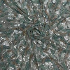 Sea Green Colour Abstract Cut Dana Embroidered Net Fabric