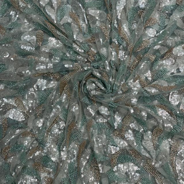 Sea Green Colour Abstract Cut Dana Embroidered Net Fabric