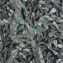 Sea Green Colour Abstract Cut Dana Embroidered Net Fabric