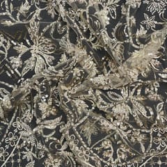 Light Gold Colour Geometric Embroidered Net Fabric