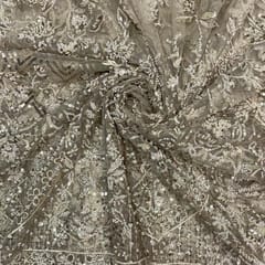 Light Gold Colour Geometric Embroidered Net Fabric