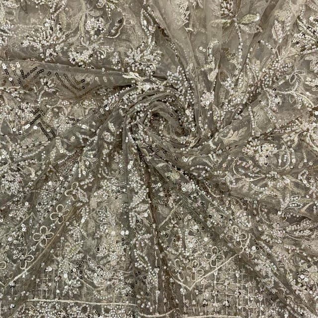 Light Gold Colour Geometric Embroidered Net Fabric