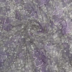 Lavender Colour Floral Embroidered Net Fabric