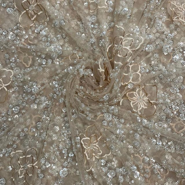 Light Gold Colour Floral Embroidered Net Fabric