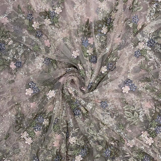 Baby Colour Pink Floral Embroidered Net Fabric