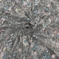 Grey Colour Floral Embroidered Net Fabric