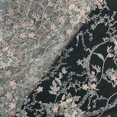 Grey Colour Floral Embroidered Net Fabric