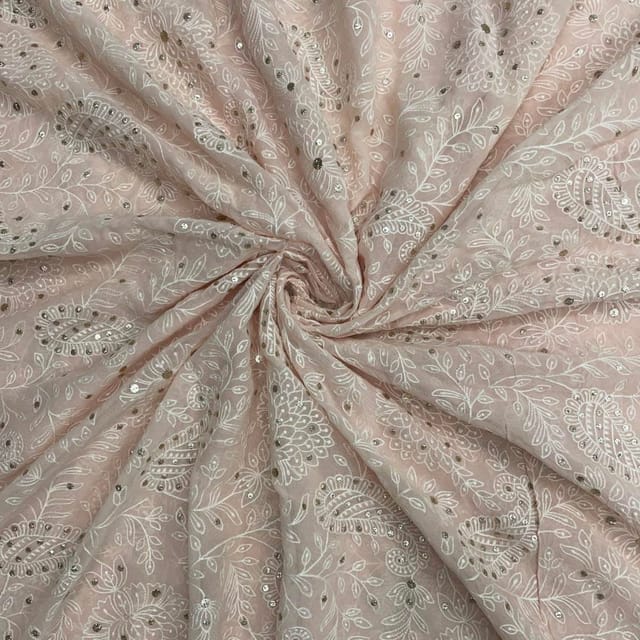 Peach Colour Floral Georgette Embroidered Fabric