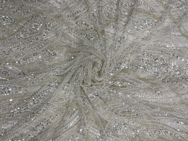 White Colour Floral Cut Dana Embroiderd Net Fabric