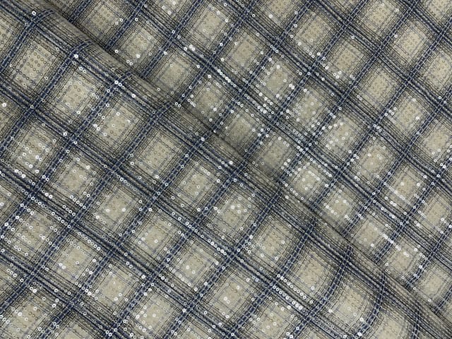 White Colour Checks Sequence Tencil Denim Fabric