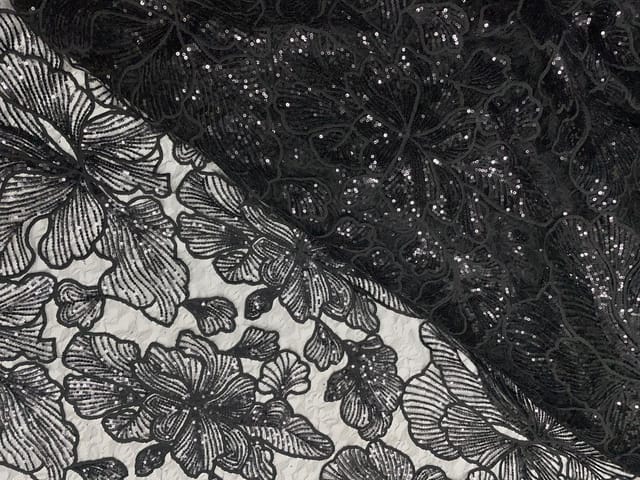 Black Colour Floral Embroiderd Net Fabric