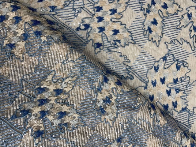 Beige & Blue Colour Floral Embroiderd Net Fabric