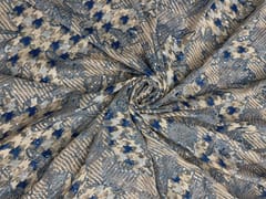 Beige & Blue Colour Floral Embroiderd Net Fabric