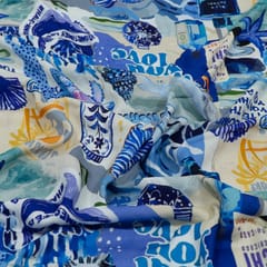 Blue Color Cotton Rayon Crepe Digital Printed Fabric