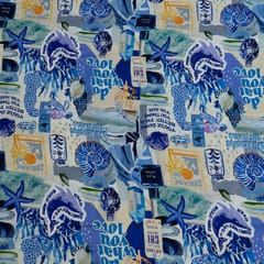 Blue Color Cotton Rayon Crepe Digital Printed Fabric
