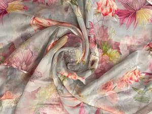 Orange Floral Viscose Organza Fabric