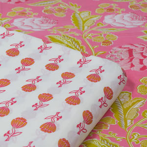 Pink and White Color Cambric Cotton Printed Fabric Set (5 Mtr.)