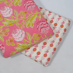 Pink and White Color Cambric Cotton Printed Fabric Set (5 Mtr.)