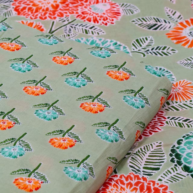 Green Color Cambric Cotton Printed Fabric Set (5 Mtr.)