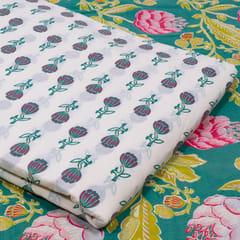 Green and White Color Cambric Cotton Printed Fabric Set (5 Mtr.)