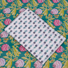 Green and White Color Cambric Cotton Printed Fabric Set (5 Mtr.)