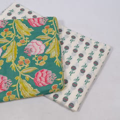 Green and White Color Cambric Cotton Printed Fabric Set (5 Mtr.)