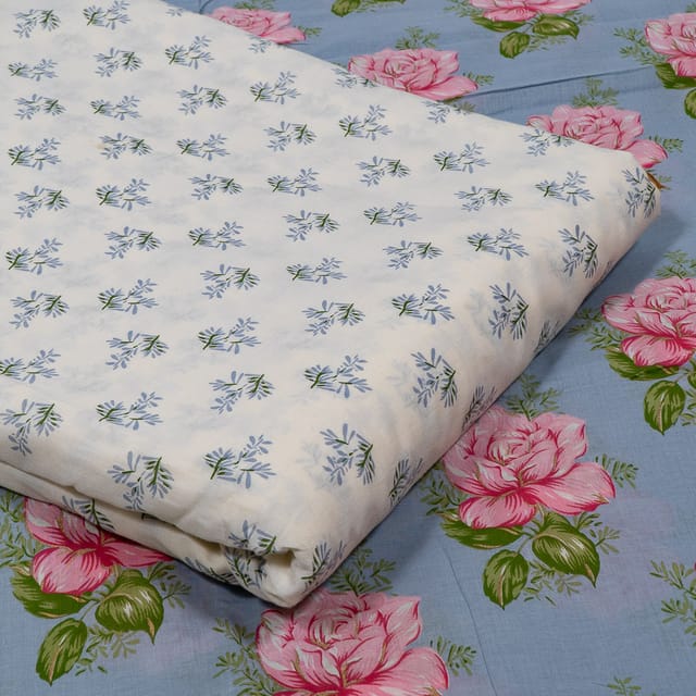 Powder Blue and White Color Cambric Cotton Printed Fabric Set (5 Mtr.)