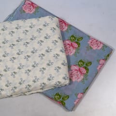 Powder Blue and White Color Cambric Cotton Printed Fabric Set (5 Mtr.)