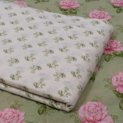 Green and White Color Cambric Cotton Printed Fabric Set (5 Mtr.)