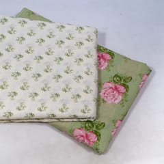 Green and White Color Cambric Cotton Printed Fabric Set (5 Mtr.)