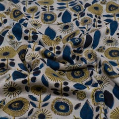 Beige n Blue Color Modal Satin Printed Fabric