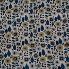 Beige n Blue Color Modal Satin Printed Fabric