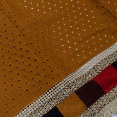 Brown Color Cotton Chikan Embroidered Fabric