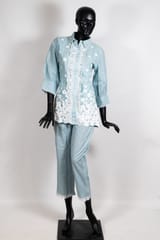 Grey Color Cotton Embroidered Shirt with Cotton Pant Co-ord Set