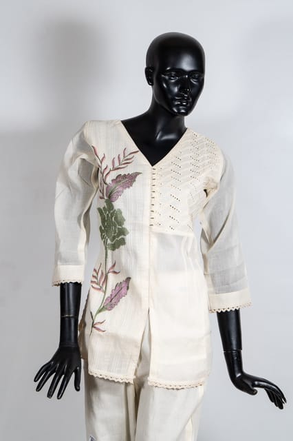 Cream Color Kora Cotton Chikankari Embroidered Shirt with Kora Cotton Pant Co-ord Set