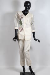 Cream Color Kora Cotton Chikankari Embroidered Shirt with Kora Cotton Pant Co-ord Set