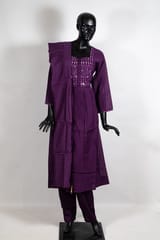 Purple Color Muslin Embroidered Shirt with Jam Silk Pant and Muslin Dupatta