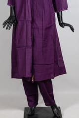 Purple Color Muslin Embroidered Shirt with Jam Silk Pant and Muslin Dupatta