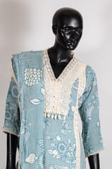 Blue Color Muslin Print Shirt with Shantoon Pant and Muslin Printed Dupatta