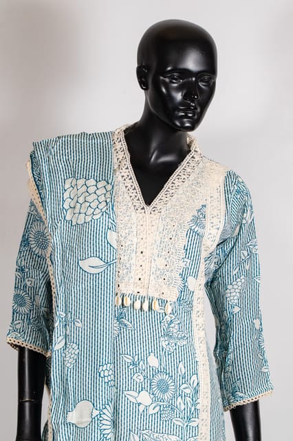 Blue Color Muslin Print Shirt with Shantoon Pant and Muslin Printed Dupatta