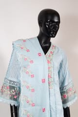Sky Blue Color Cotton Embroidered Shirt with Cotton Embroidered Pant and Cotton Kota Doria Embroidered Dupatta