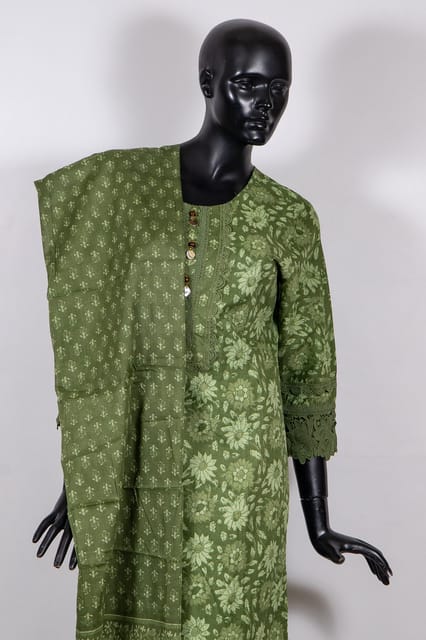 Green Color Cotton Print with Lace Work Shirt with Cotton Pant and Cotton Printed Dupatta